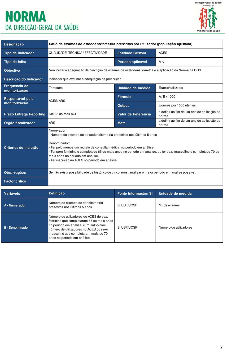 de exames de osteodensitometria prescritos nos últimos 5 anos - Ter pelo menos um registo de consulta médica, no período em análise.