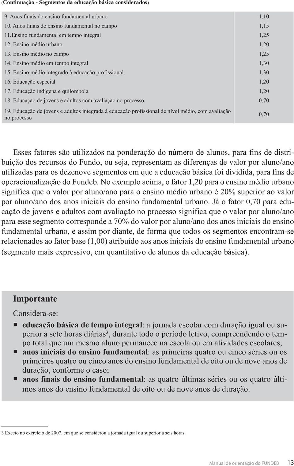 Ensino médio integrado à educação profissional 1,30 16. Educação especial 1,20 17. Educação indígena e quilombola 1,20 18. Educação de jovens e adultos com avaliação no processo 0,70 19.