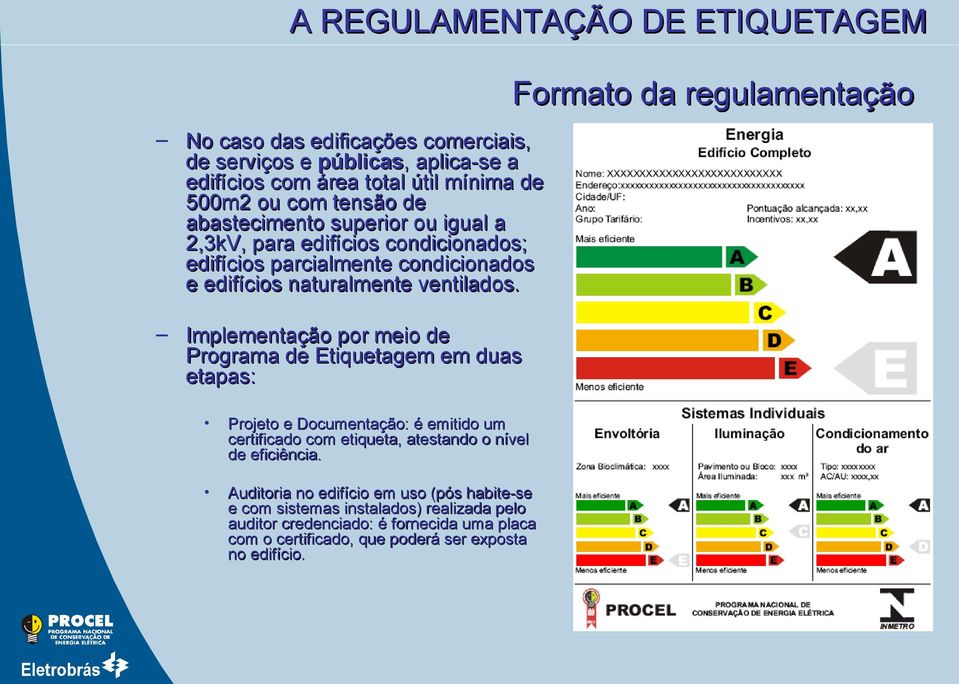 Implementação por meio de Programa de Etiquetagem em duas etapas: Projeto e Documentação: é emitido um certificado com etiqueta, atestando o nível de eficiência.