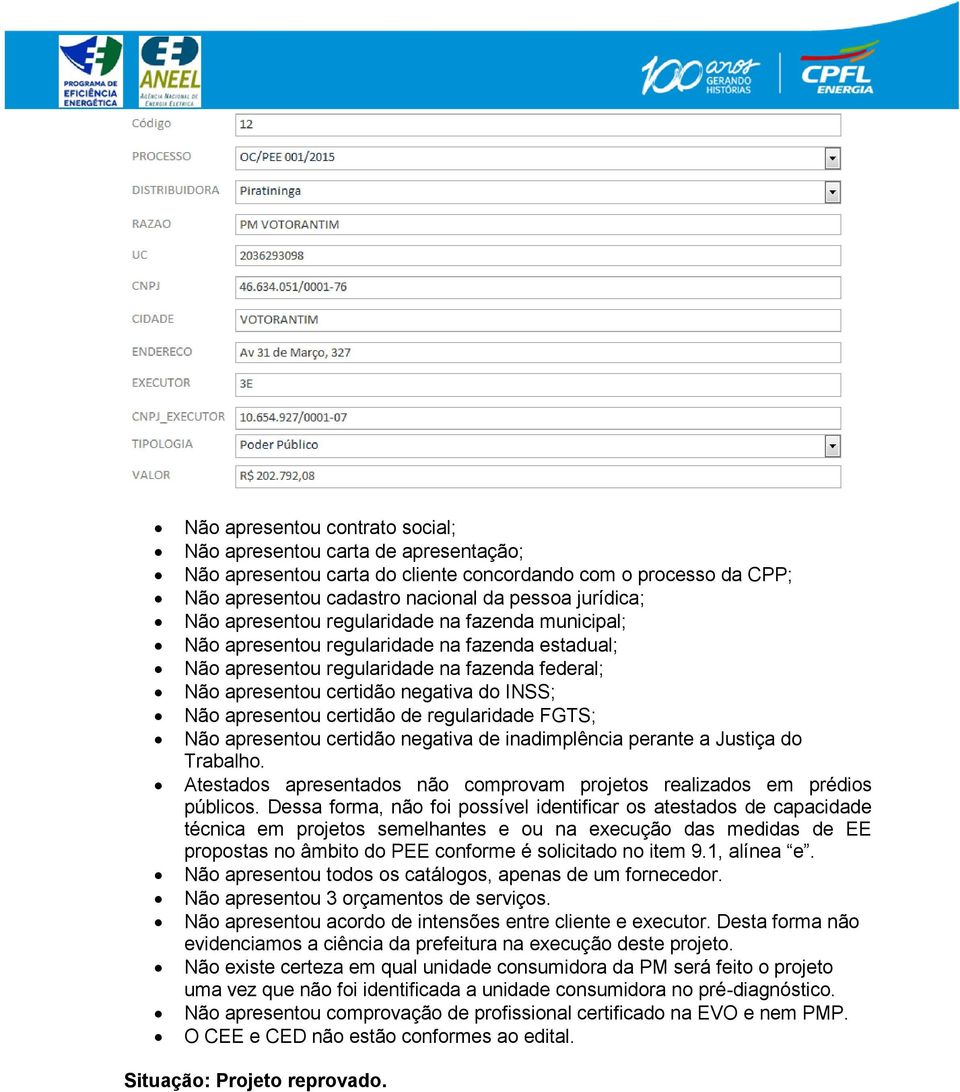 certidão de regularidade FGTS; Não apresentou certidão negativa de inadimplência perante a Justiça do Trabalho. Atestados apresentados não comprovam projetos realizados em prédios públicos.