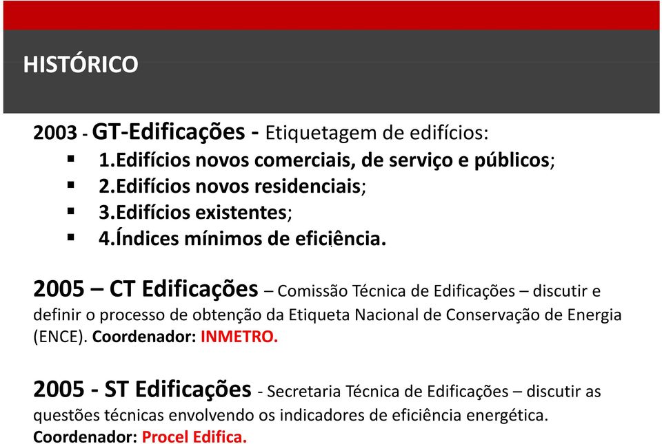 2005 CT Edificações Comissão Técnica de Edificações discutir e definir o processo de obtenção da Etiqueta Nacional de Conservação de