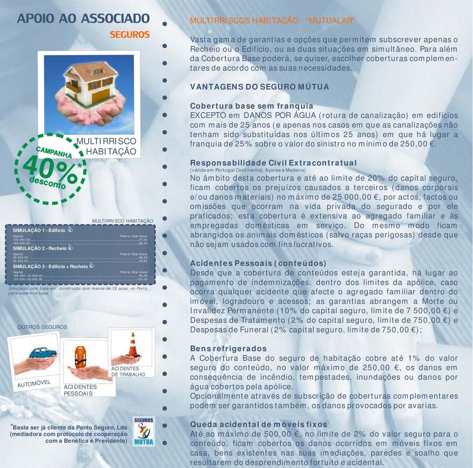 VANTAGENS DO SEGURO MÚTUA CAM P ANH A 4 0 % de s c onto SIMULAÇÃO 1 - Edifício 100.000,00 150.000,00 SIMULAÇÃO 2 - Recheio 30.000,00 50.000,00 SIMULAÇÃO 3 - Edifício + Recheio 100.000+30.000,00 150.000+50.