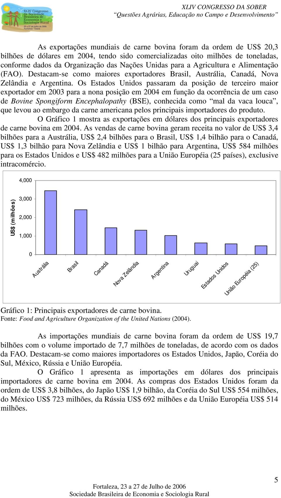 Os Estados Unidos passaram da posição de terceiro maior exportador em 2003 para a nona posição em 2004 em função da ocorrência de um caso de Bovine Spongiform Encephalopathy (BSE), conhecida como mal