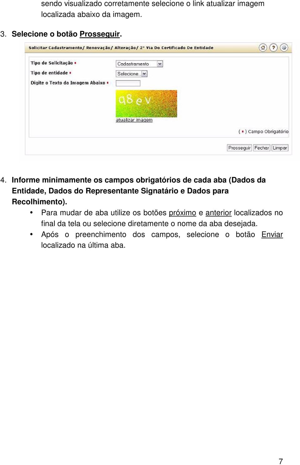 Informe minimamente os campos obrigatórios de cada aba (Dados da Entidade, Dados do Representante Signatário e Dados para