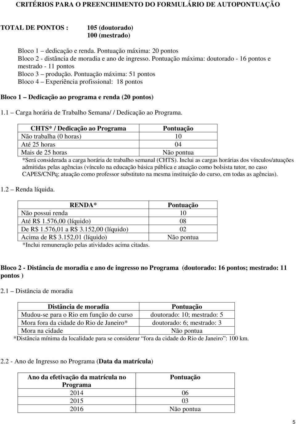 máxima: 51 pontos Bloco 4 Experiência profissional: 18 pontos Bloco 1 Dedicação ao programa e renda (20 pontos) 1.1 Carga horária de Trabalho Semana/ / Dedicação ao Programa.