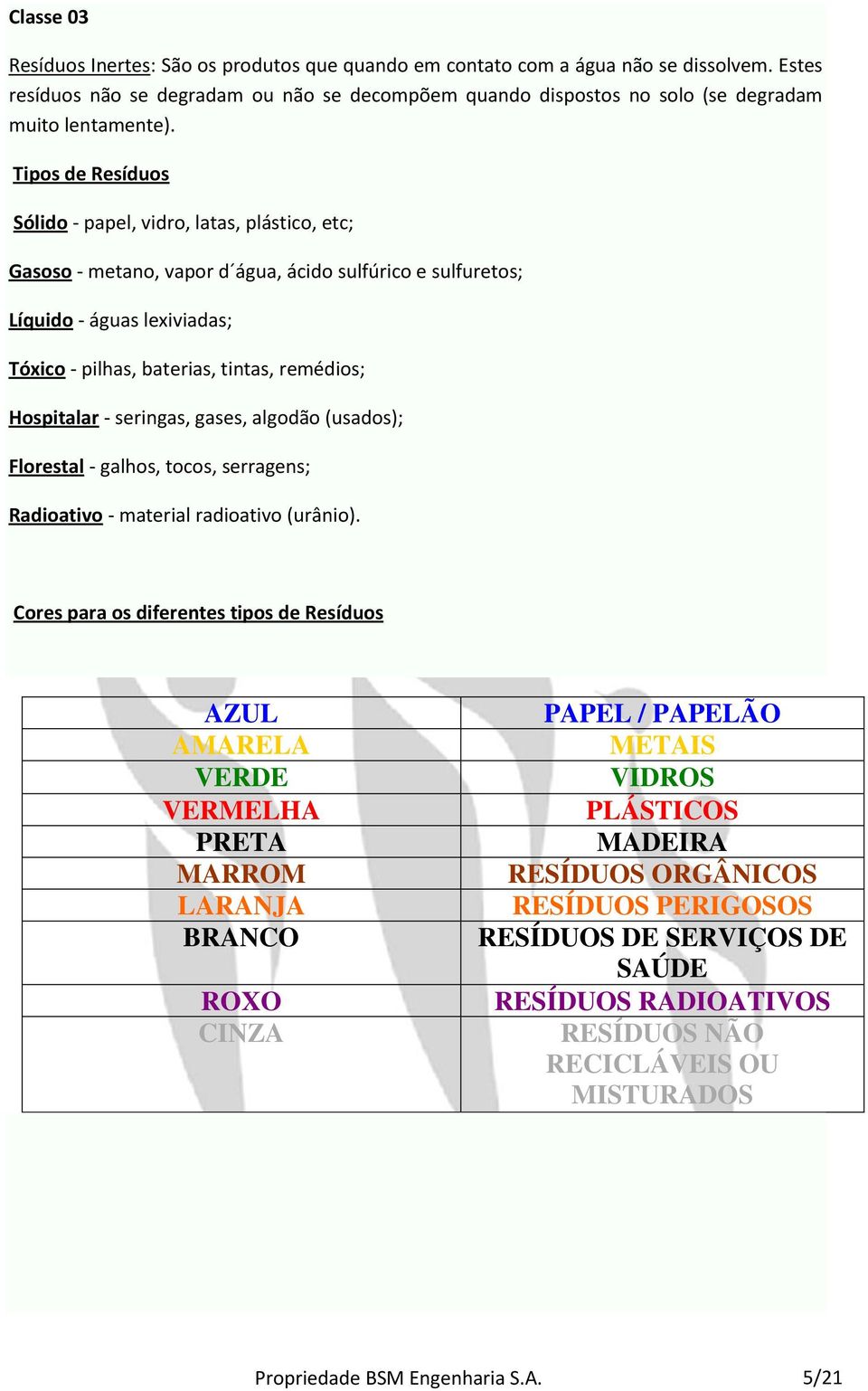 Tipos de Resíduos Sólido - papel, vidro, latas, plástico, etc; Gasoso - metano, vapor d água, ácido sulfúrico e sulfuretos; Líquido - águas lexiviadas; Tóxico - pilhas, baterias, tintas, remédios;