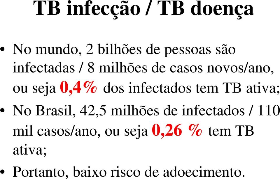 infectados tem TB ativa; No Brasil, 42,5 milhões de infectados /