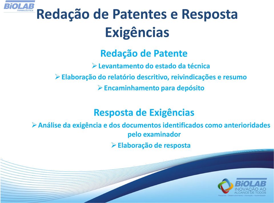 Encaminhamento para depósito Resposta de Exigências Análise da exigência e dos