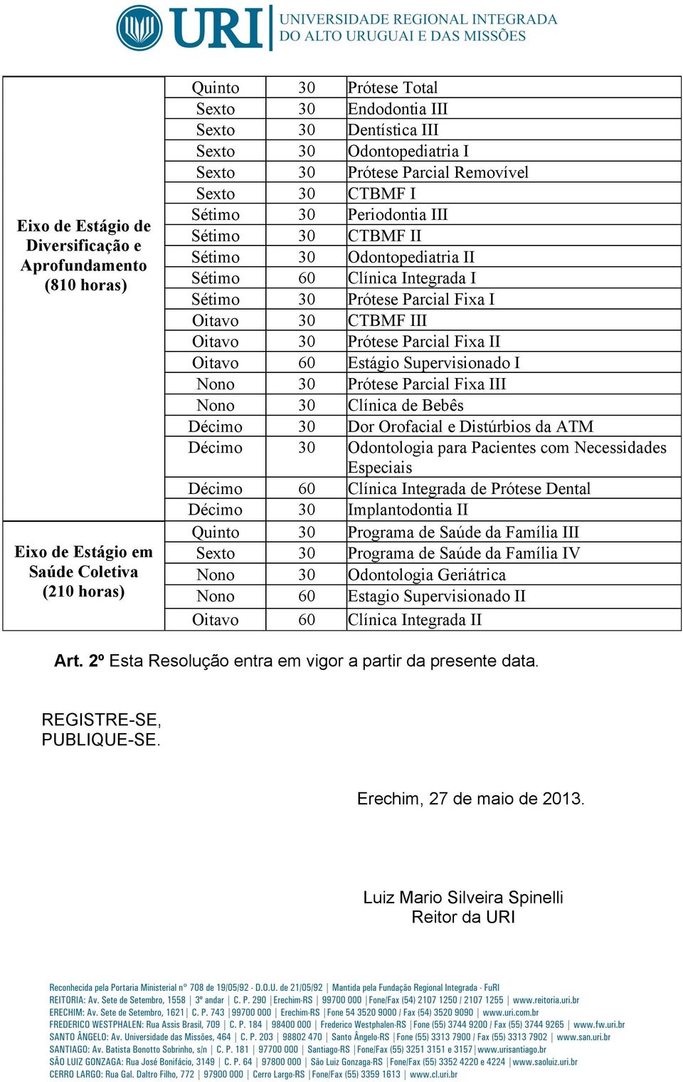 Fixa I Oitavo 30 CTBMF III Oitavo 30 Prótese Parcial Fixa II Oitavo 60 Estágio Supervisionado I Nono 30 Prótese Parcial Fixa III Nono 30 Clínica de Bebês Décimo 30 Dor Orofacial e Distúrbios da ATM