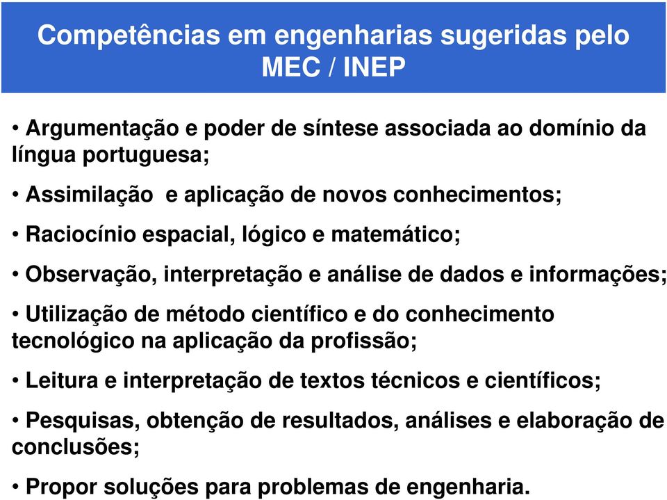 e informações; Utilização de método científico e do conhecimento tecnológico na aplicação da profissão; Leitura e interpretação de