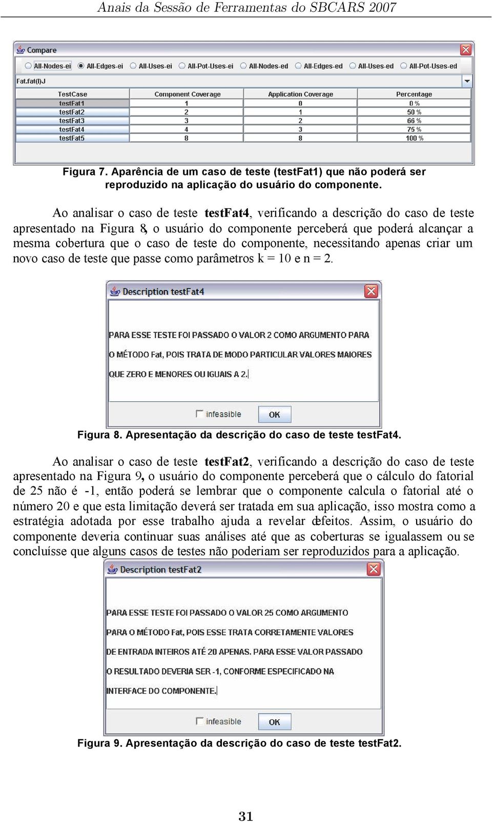 componente, necessitando apenas criar um novo caso de teste que passe como parâmetros k = 10 e n = 2. Figura 8. Apresentação da descrição do caso de teste testfat4.