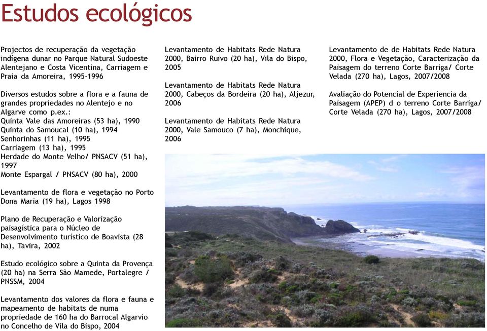 : Quinta Vale das Amoreiras (53 ha), 1990 Quinta do Samoucal (10 ha), 1994 Senhorinhas (11 ha), 1995 Carriagem (13 ha), 1995 Herdade do Monte Velho/ PNSACV (51 ha), 1997 Monte Espargal / PNSACV (80