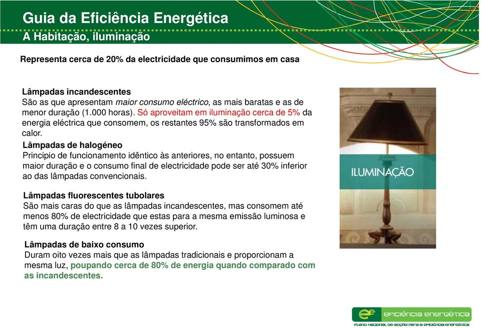 Lâmpadas de halogéneo Principio de funcionamento idêntico às anteriores, no entanto, possuem maior duração e o consumo final de electricidade pode ser até 30% inferior ao das lâmpadas convencionais.