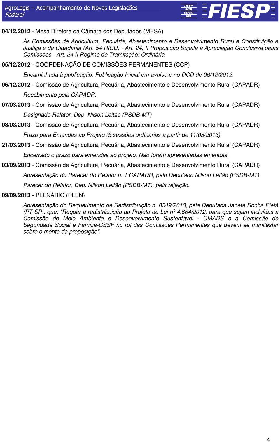 Publicação Inicial em avulso e no DCD de 06/12/2012. 06/12/2012 - Comissão de Agricultura, Pecuária, Abastecimento e Desenvolvimento Rural (CAPADR) Recebimento pela CAPADR.