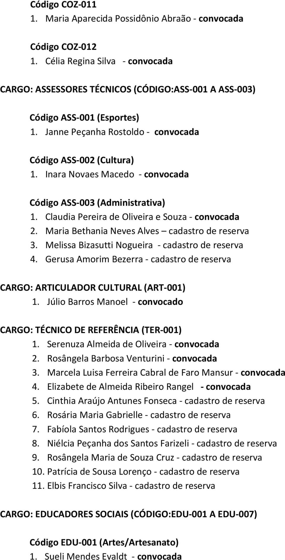 Maria Bethania Neves Alves cadastro de reserva 3. Melissa Bizasutti Nogueira - cadastro de reserva 4. Gerusa Amorim Bezerra - cadastro de reserva CARGO: ARTICULADOR CULTURAL (ART-001) 1.