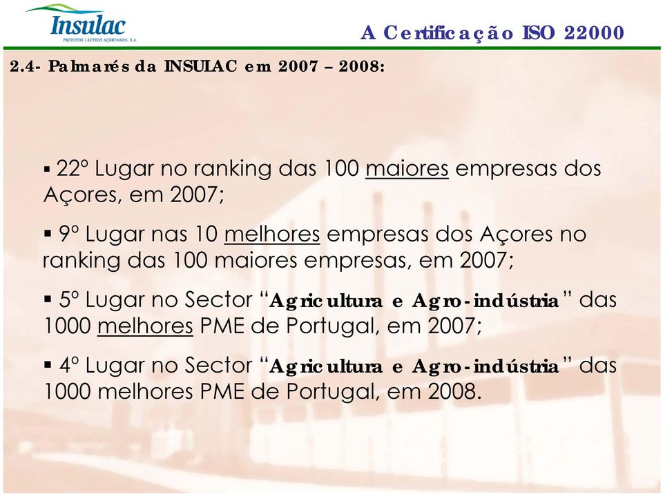 Lugar no Sector Agricultura g e Agro-indústria das 1000 melhores PME de Portugal, em 2007; 4º Lugar no Sector