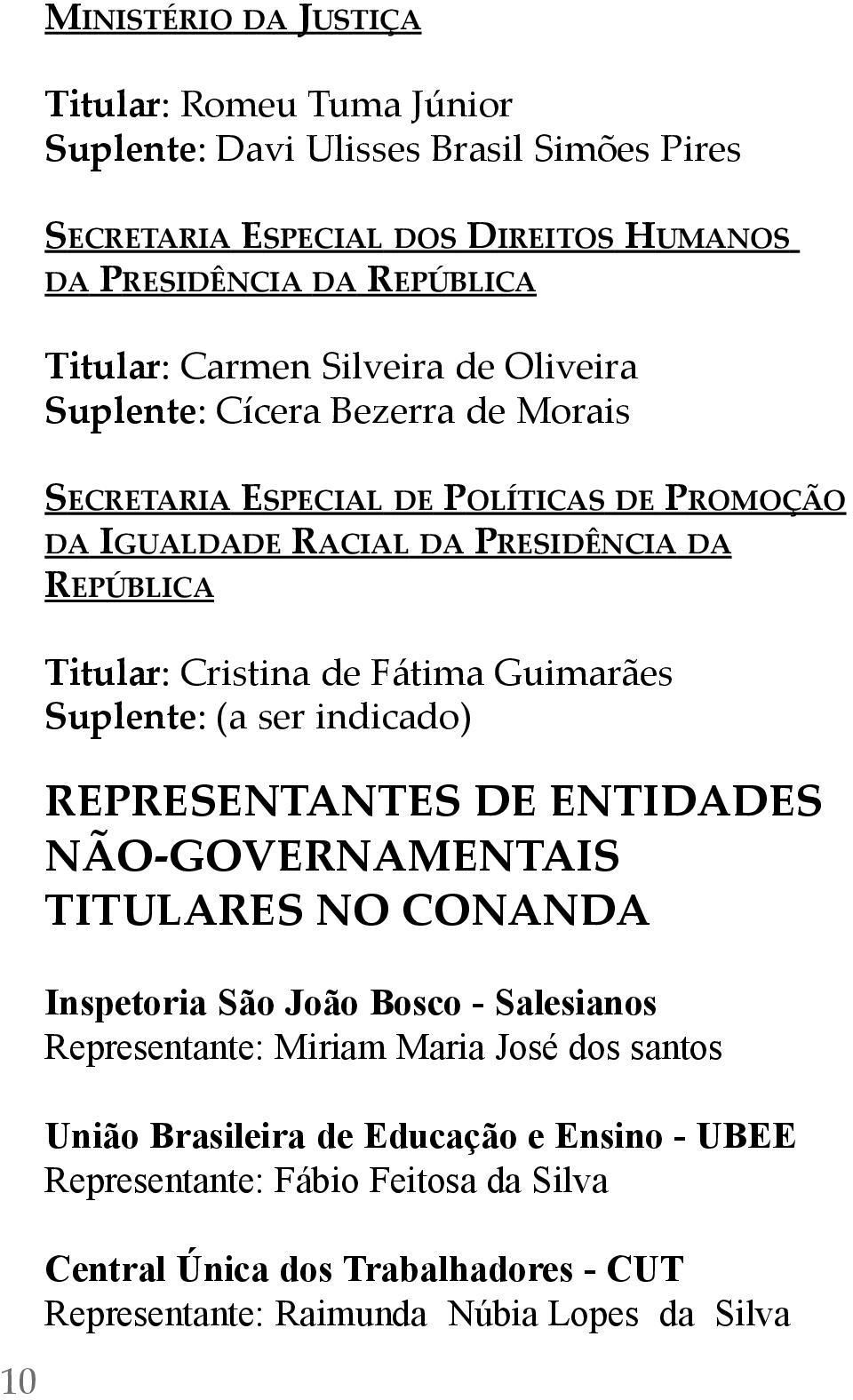 Fátima Guimarães suplente: (a ser indicado) RePReseNtaNtes De entidades Não-goVeRNameNtais titulares No CoNaNDa Inspetoria São João Bosco - Salesianos Representante: Miriam