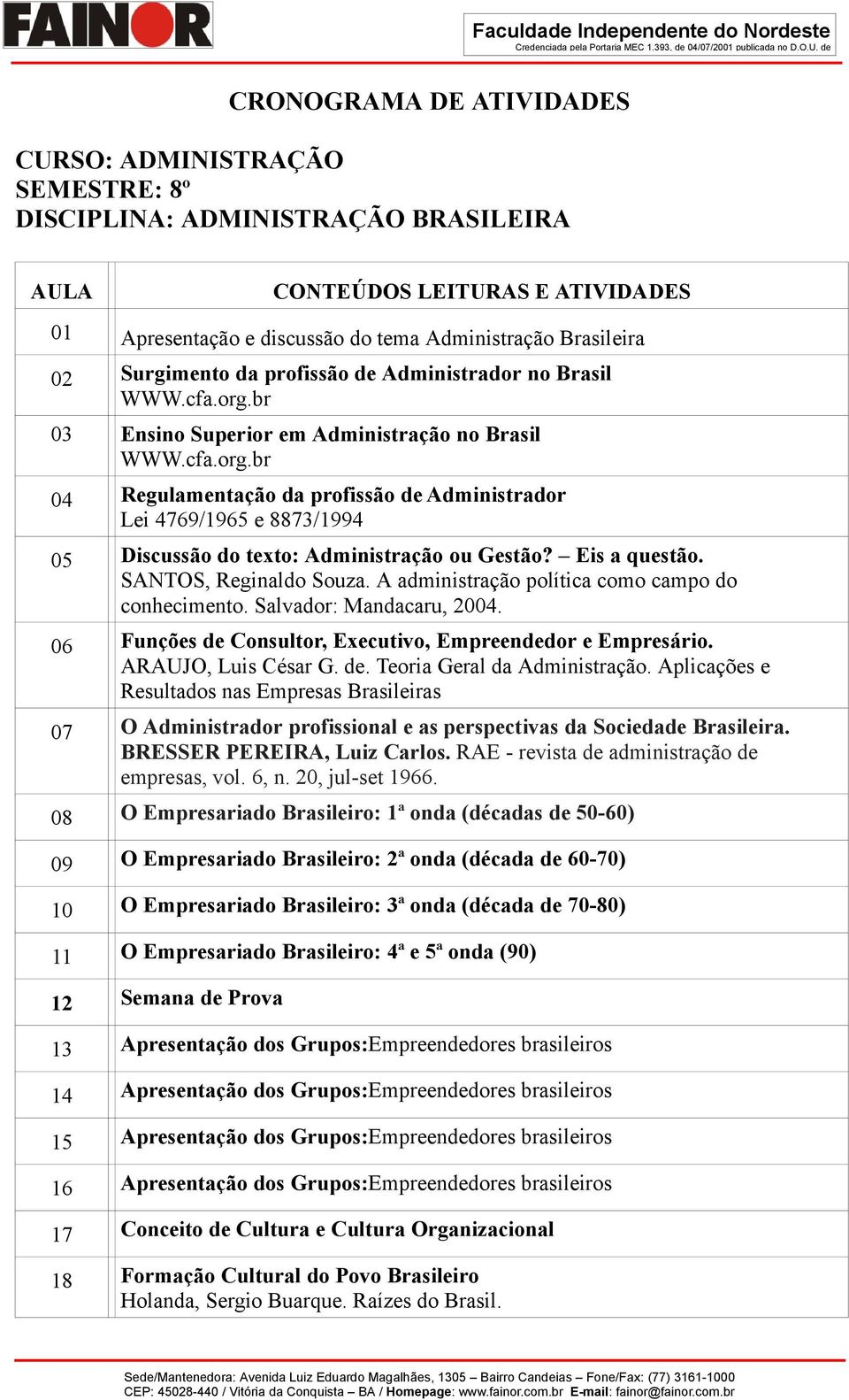 br 03 Ensino Superior em Administração no Brasil WWW.cfa.org.br 04 Regulamentação da profissão de Administrador Lei 4769/1965 e 8873/1994 05 Discussão do texto: Administração ou Gestão? Eis a questão.