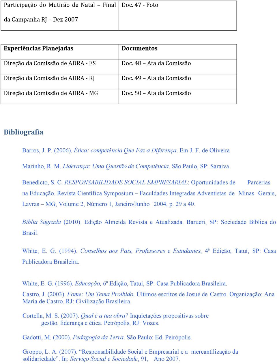 49 Ata da Comissão Doc. 50 Ata da Comissão Bibliografia Barros, J. P. (2006). Ética: competência Que Faz a Diferença. Em J. F. de Oliveira Marinho, R. M. Liderança: Uma Questão de Competência.