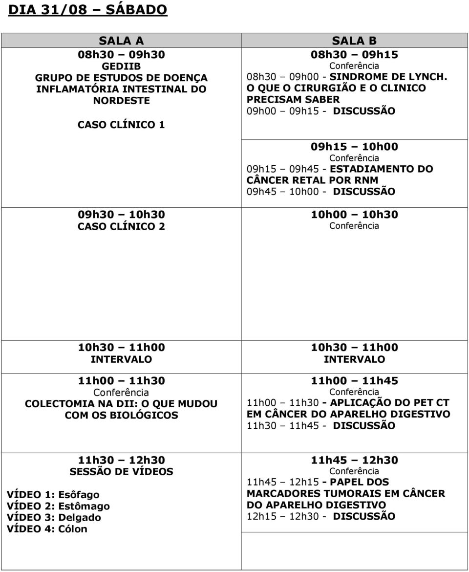 10h00 10h30 10h30 11h00 11h00 11h30 COLECTOMIA NA DII: O QUE MUDOU COM OS BIOLÓGICOS 10h30 11h00 11h00 11h45 11h00 11h30 - APLICAÇÃO DO PET CT EM CÂNCER DO APARELHO DIGESTIVO 11h30 11h45