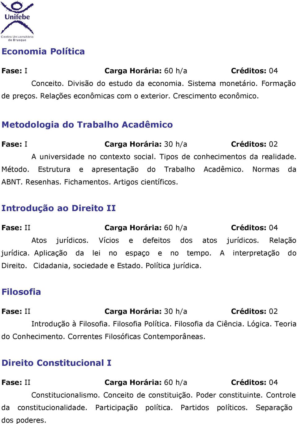 Estrutura e apresentação do Trabalho Acadêmico. Normas da ABNT. Resenhas. Fichamentos. Artigos científicos. Introdução ao II Fase: II Carga Horária: 60 h/a Créditos: 04 Atos jurídicos.