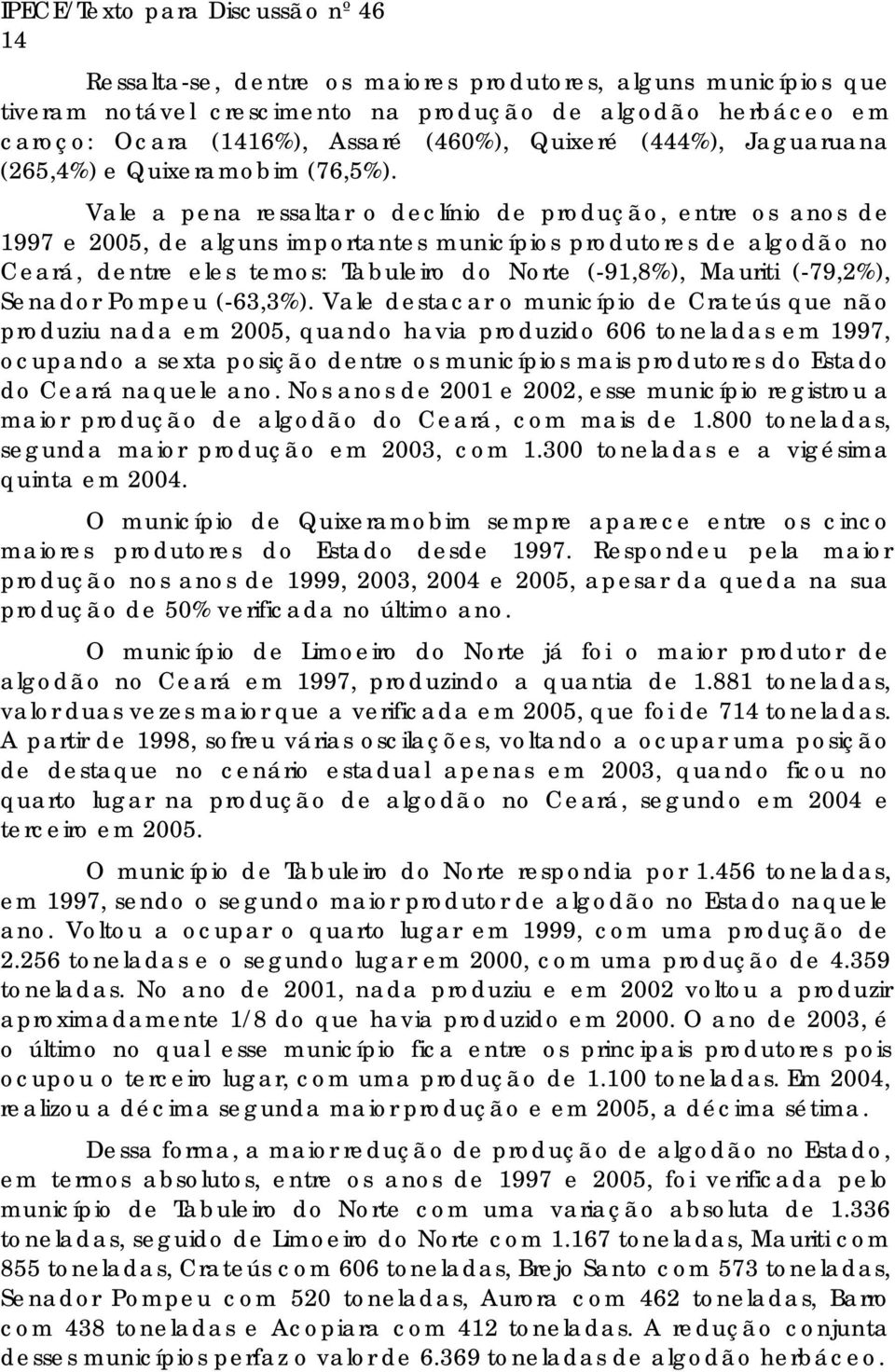 Vale a pena ressaltar o declínio de produção, entre os anos de 1997 e 2005, de alguns importantes municípios produtores de algodão no Ceará, dentre eles temos: Tabuleiro do Norte (-91,8%), Mauriti