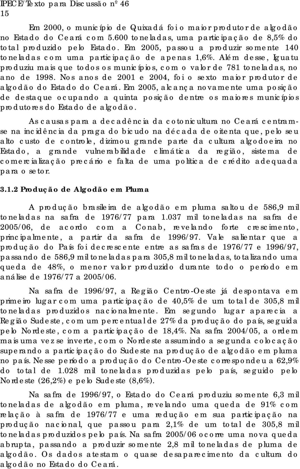 Nos anos de 2001 e 2004, foi o sexto maior produtor de algodão do Estado do Ceará.