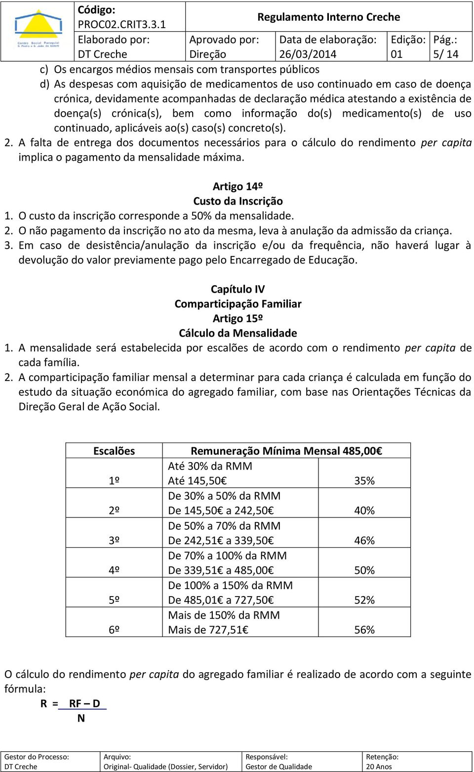 A falta de entrega dos documentos necessários para o cálculo do rendimento per capita implica o pagamento da mensalidade máxima. Artigo 14º Custo da Inscrição 1.