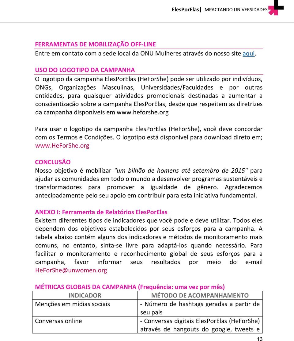 quaisquer atividades promocionais destinadas a aumentar a conscientização sobre a campanha ElesPorElas, desde que respeitem as diretrizes da campanha disponíveis em www.heforshe.