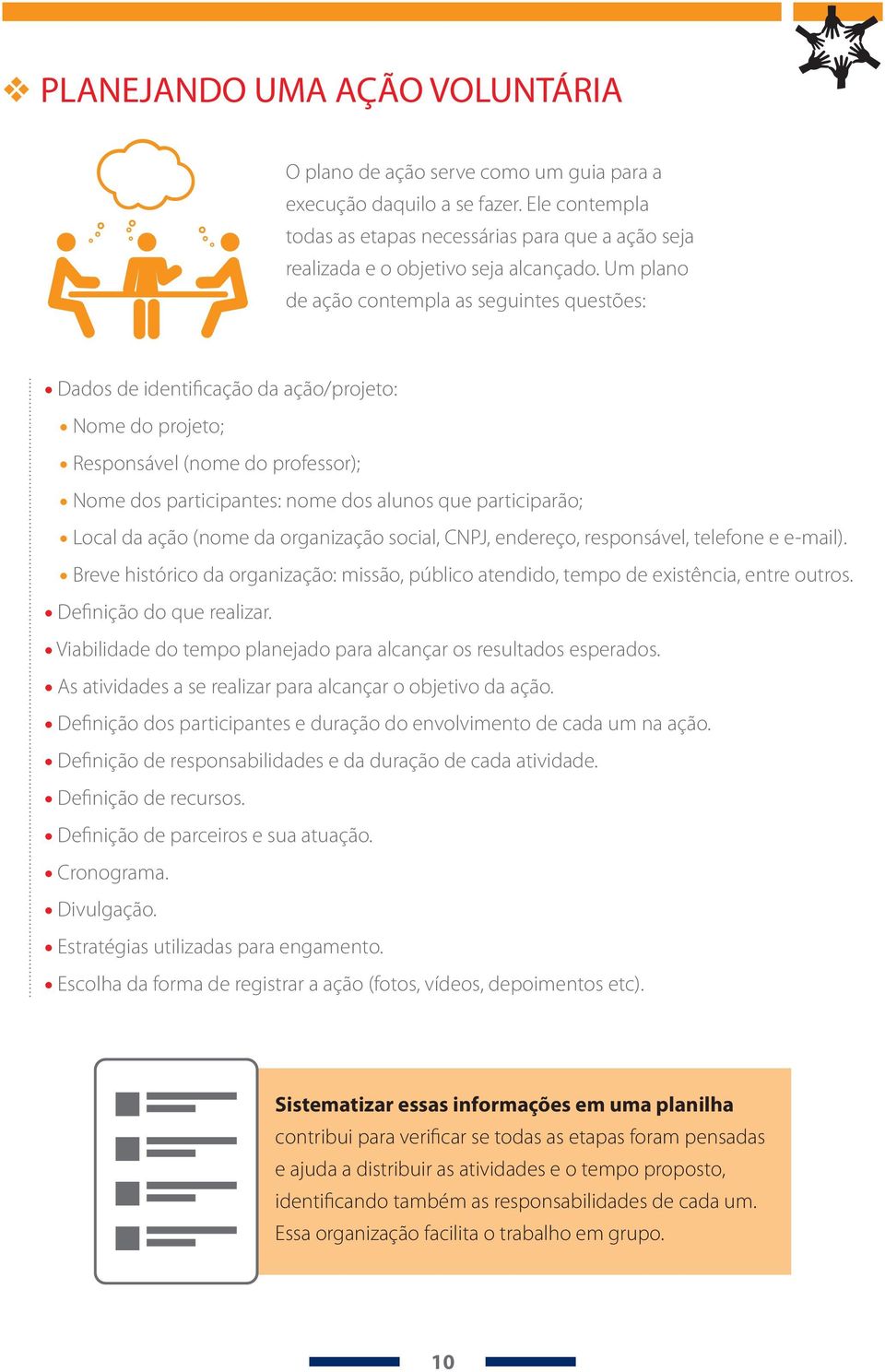 Um plano de ação contempla as seguintes questões: Dados de identificação da ação/projeto: Nome do projeto; Responsável (nome do professor); Nome dos participantes: nome dos alunos que participarão;