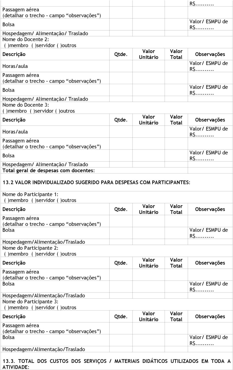 2 VALOR INDIVIDUALIZADO SUGERIDO PARA DESPESAS COM PARTICIPANTES: Nome do Participante 1: Hospedagem/Alimentação/Traslado Nome do Participante 2: