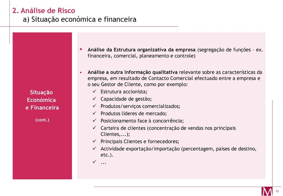 ) Análise a outra informação qualitativa relevante sobre as características da empresa, em resultado de Contacto Comercial efectuado entre a empresa e o seu Gestor de Cliente,