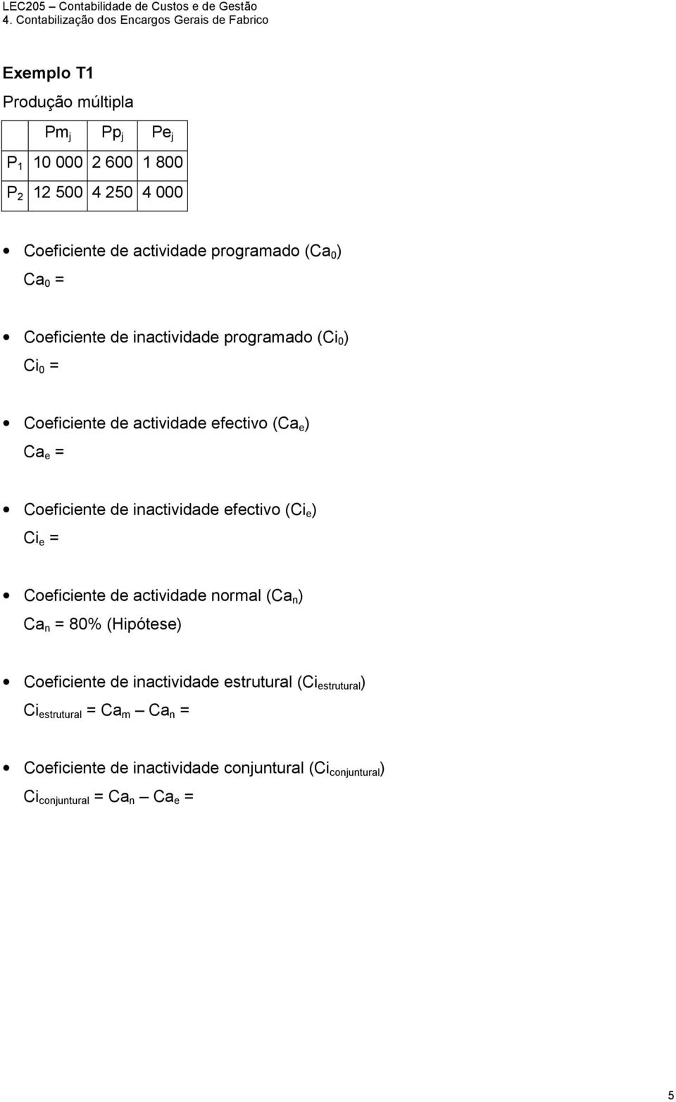 actividade prgramad (Ca 0 ) Ca 0 = Ceficiente de inactividade prgramad (Ci 0 ) Ci 0 = Ceficiente de actividade efectiv (Ca e ) Ca e = Ceficiente de