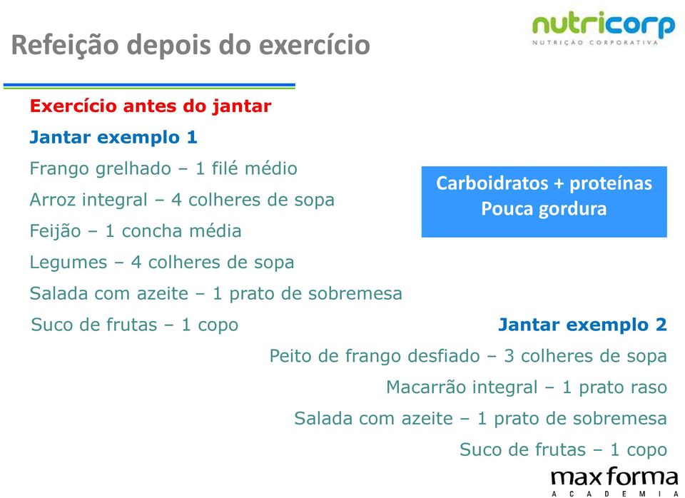 sobremesa Carboidratos + proteínas Pouca gordura Suco de frutas 1 copo Jantar exemplo 2 Peito de frango