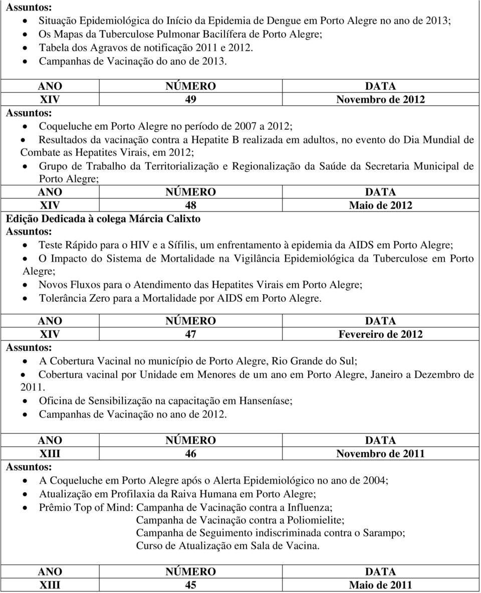 XIV 49 Novembro de 2012 Coqueluche em Porto Alegre no período de 2007 a 2012; Resultados da vacinação contra a Hepatite B realizada em adultos, no evento do Dia Mundial de Combate as Hepatites