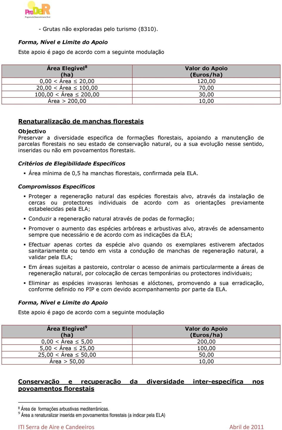 florestais Objectivo Preservar a diversidade especifica de formações florestais, apoiando a manutenção de parcelas florestais no seu estado de conservação natural, ou a sua evolução nesse sentido,