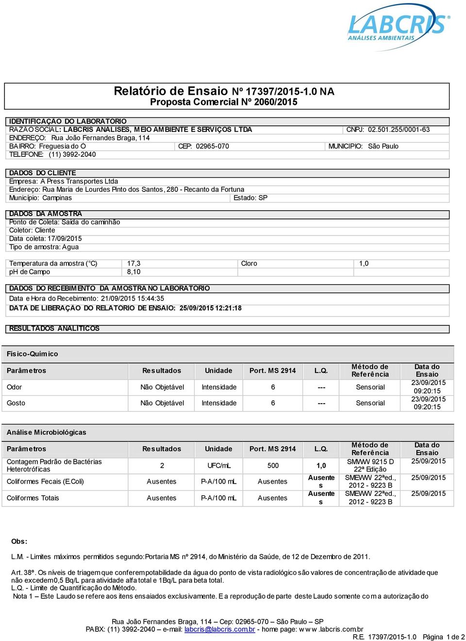 Rua Maria de Lourdes Pinto dos Santos, 280 - Recanto da Fortuna Município: Campinas Estado: SP DADOS DA AMOSTRA Ponto de Coleta: Saída do caminhão Coletor: Cliente Data coleta: 17/09/2015 Tipo de