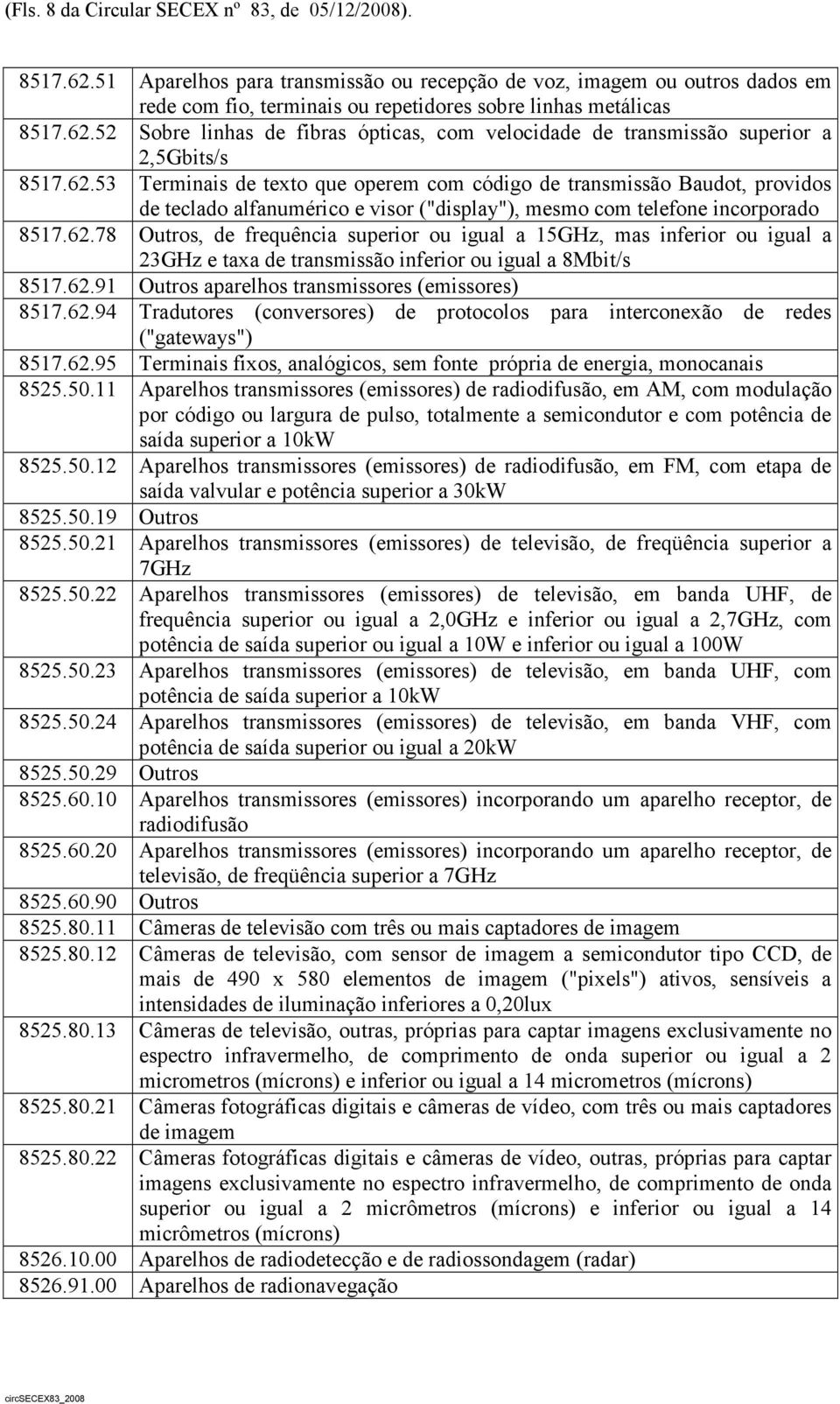 62.78 Outros, de frequência superior ou igual a 15GHz, mas inferior ou igual a 23GHz e taxa de transmissão inferior ou igual a 8Mbit/s 8517.62.91 Outros aparelhos transmissores (emissores) 8517.62.94 Tradutores (conversores) de protocolos para interconexão de redes ("gateways") 8517.