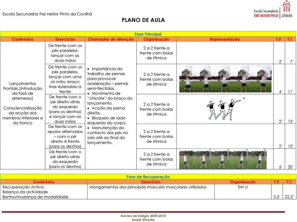 pés paralelos, lançar com uma só mão, braço livre estendido à frente De frente com o pé direito atrás do esquerdo (para os dextros) e lançar com as duas mãos De frente com os apoios alternados com o