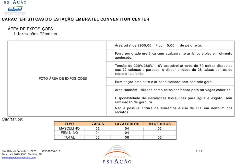 FOTO ÁREA DE EXPOSIÇÕES Tensão de 220V/380V/110V acessível através de 70 caixas dispostas nas 22 colunas e paredes, e disponibilidade de 28 caixas pontos de redes e telefonia.