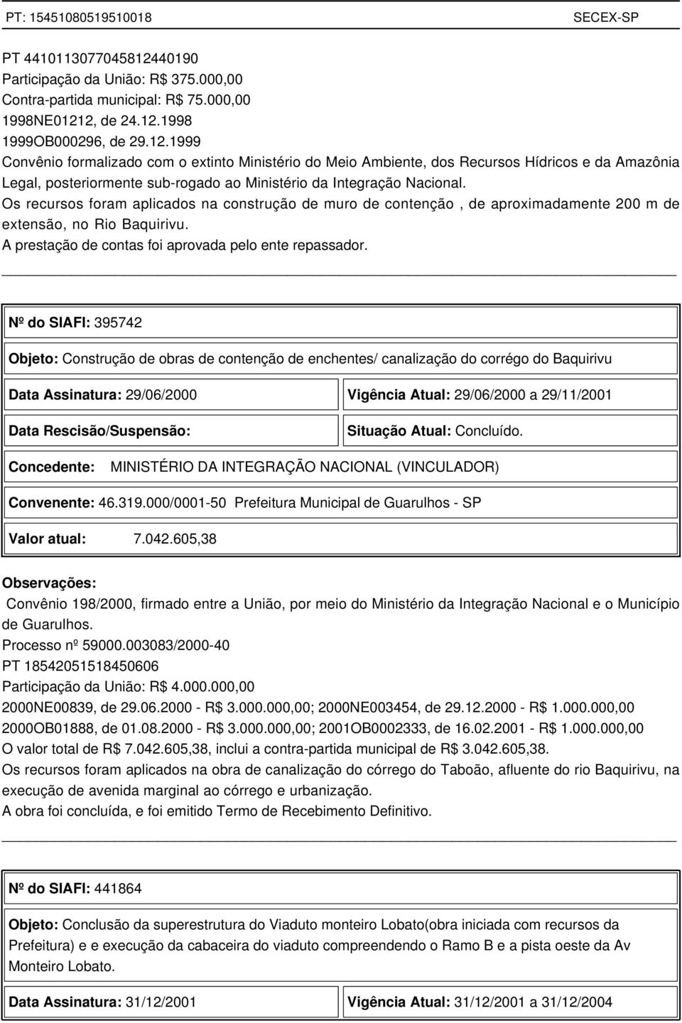 Nº do SIAFI: 395742 Objeto: Construção de obras de contenção de enchentes/ canalização do corrégo do Baquirivu Data Assinatura: 29/06/2000 Vigência Atual: 29/06/2000 a 29/11/2001 Data