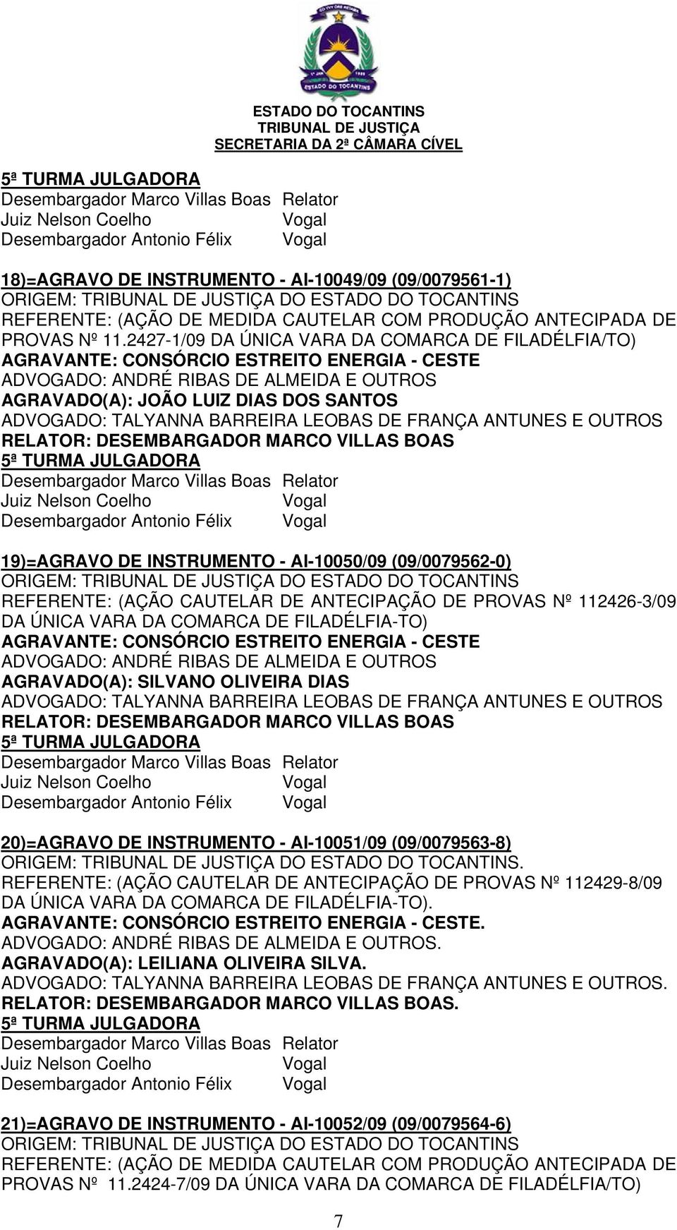 CAUTELAR DE ANTECIPAÇÃO DE PROVAS Nº 112426-3/09 DA ÚNICA VARA DA COMARCA DE FILADÉLFIA-TO) AGRAVADO(A): SILVANO OLIVEIRA DIAS Desembargador Antonio Félix 20)=AGRAVO DE INSTRUMENTO - AI-10051/09
