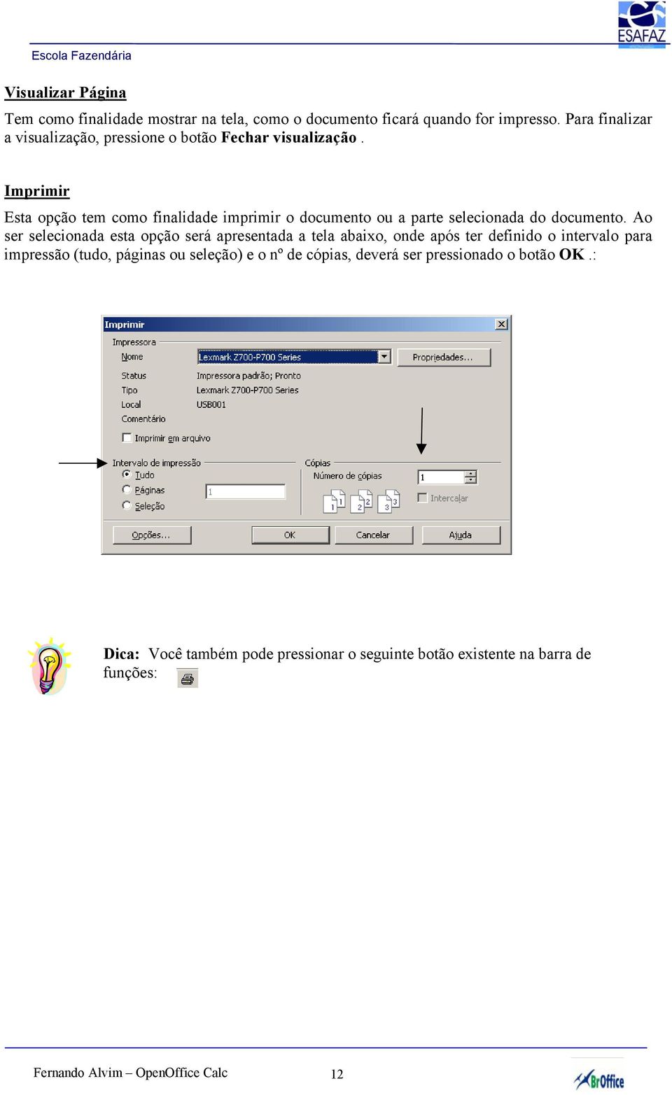 Imprimir Esta opção tem como finalidade imprimir o documento ou a parte selecionada do documento.