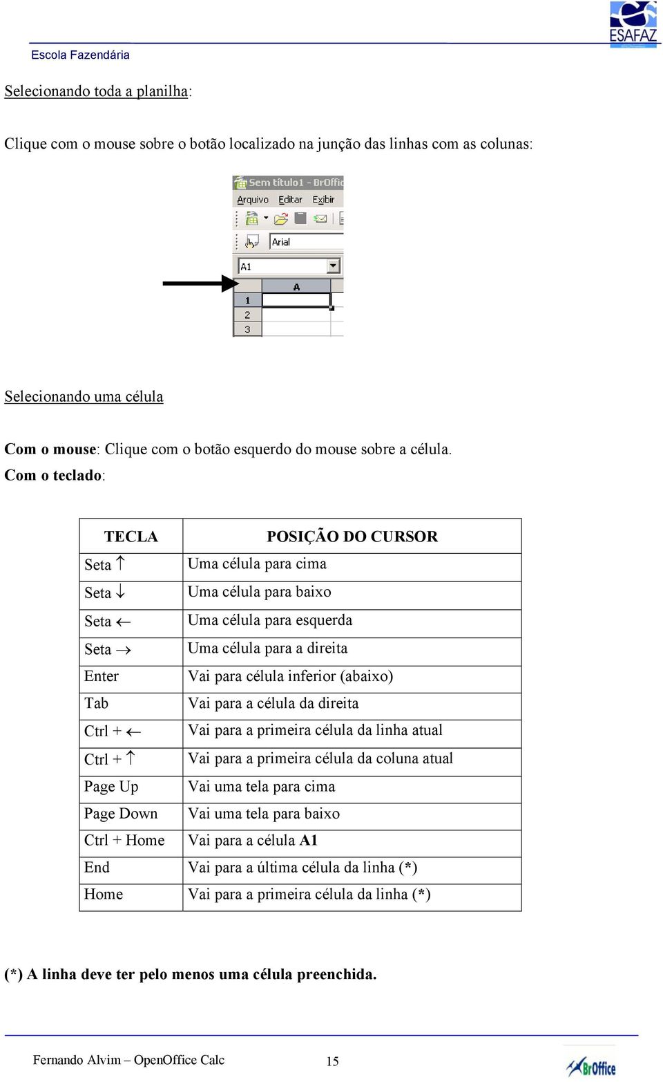 Vai para a célula da direita Ctrl + Vai para a primeira célula da linha atual Ctrl + Vai para a primeira célula da coluna atual Page Up Vai uma tela para cima Page Down Vai uma tela para baixo Ctrl +