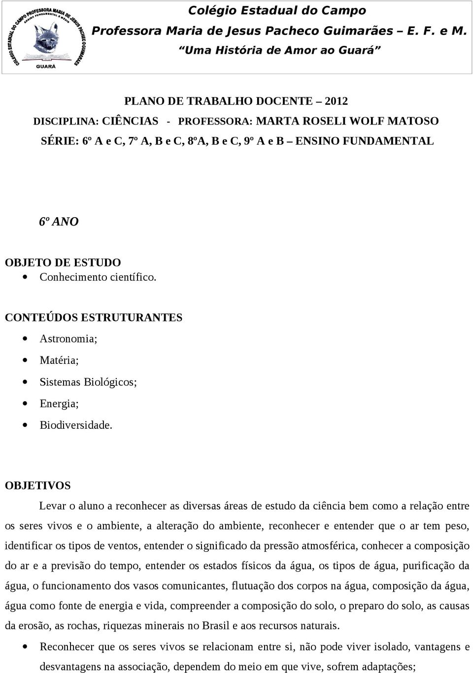 OBJETO DE ESTUDO Conhecimento científico. CONTEÚDOS ESTRUTURANTES Astronomia; Matéria; Sistemas Biológicos; Energia; Biodiversidade.