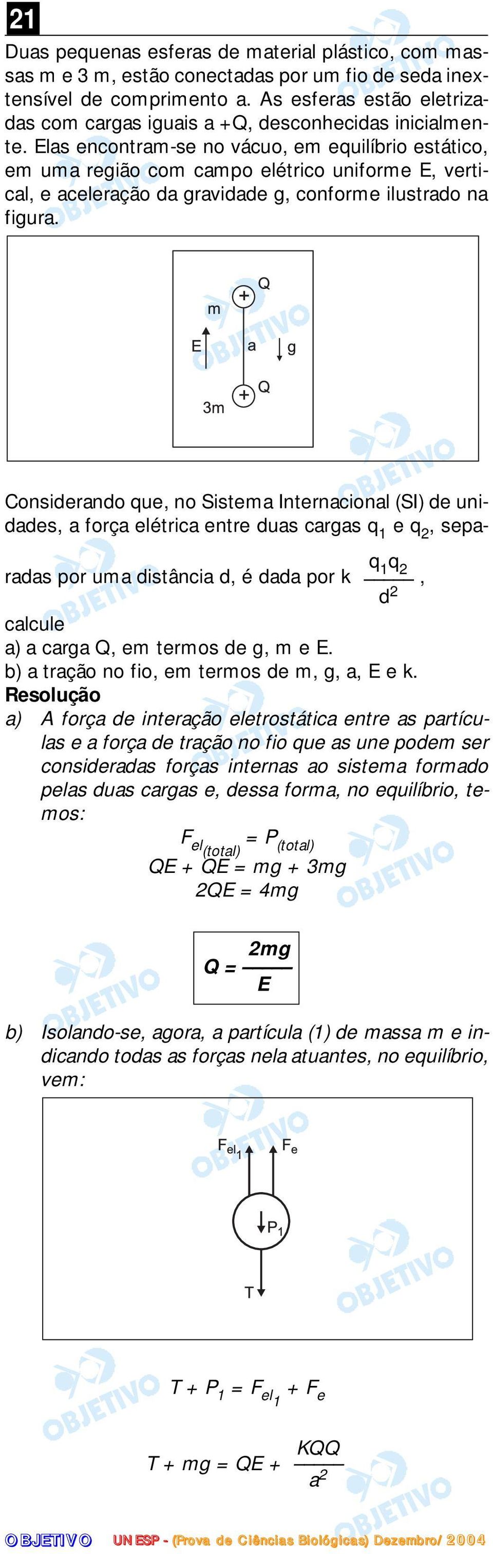 las encontram-se no vácuo, em equilíbrio estático, em uma região com campo elétrico uniforme, vertical, e aceleração da gravidade g, conforme ilustrado na figura.