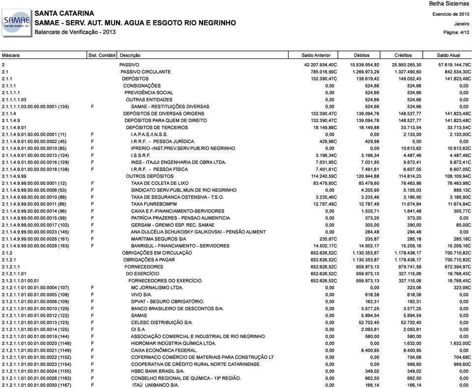 094,76 148.527,77 141.823,48C 2.1.1.4.9.01.00.00.00.0001 (11) DEPÓSITOS I.A.P.A.S./I.N.S.S. DE TERCEIROS 18.149,88C 18.149,88 33.713,54 2.133,00 33.713,54C 2.133,00C 0,00 2.1.1.4.9.01.00.00.00.0002 2.