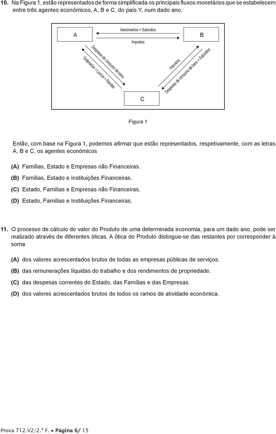 que estão representados, respetivamente, com as letras A, B e C, os agentes económicos (A) Famílias, Estado e Empresas não Financeiras. (B) Famílias, Estado e Instituições Financeiras.