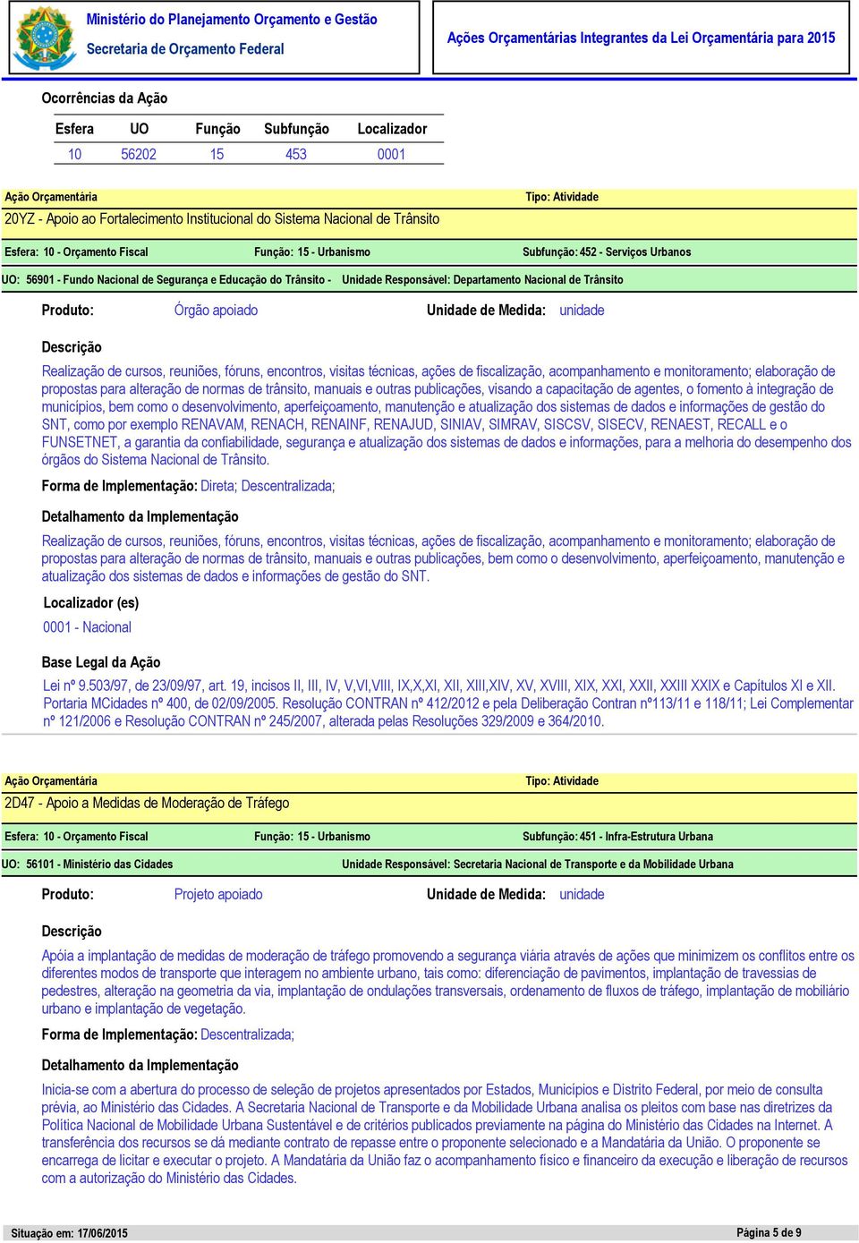 unidade Realização de cursos, reuniões, fóruns, encontros, visitas técnicas, ações de fiscalização, acompanhamento e monitoramento; elaboração de propostas para alteração de normas de trânsito,