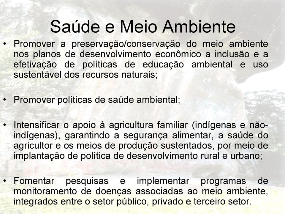 nãoindígenas), garantindo a segurança alimentar, a saúde do agricultor e os meios de produção sustentados, por meio de implantação de política de desenvolvimento